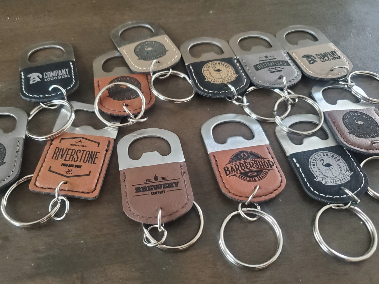 Custom Logo Engraved / Etched Leatherette and Metal Keychain Bottle Opener