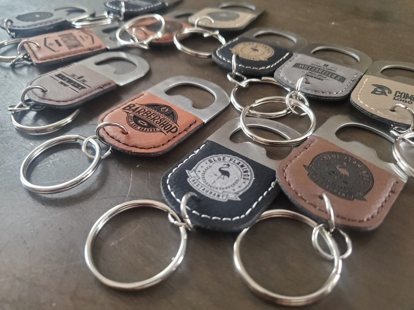 Custom Logo Engraved / Etched Leatherette and Metal Keychain Bottle Opener