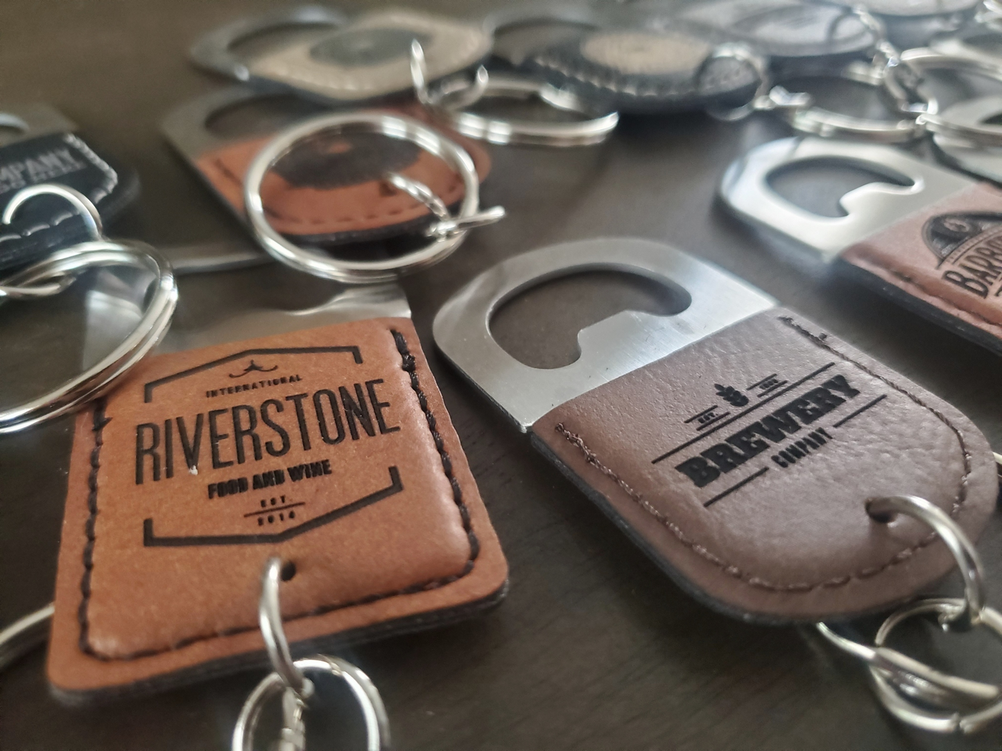 Custom Logo Engraved / Etched Leatherette and Metal Keychain Bottle Opener