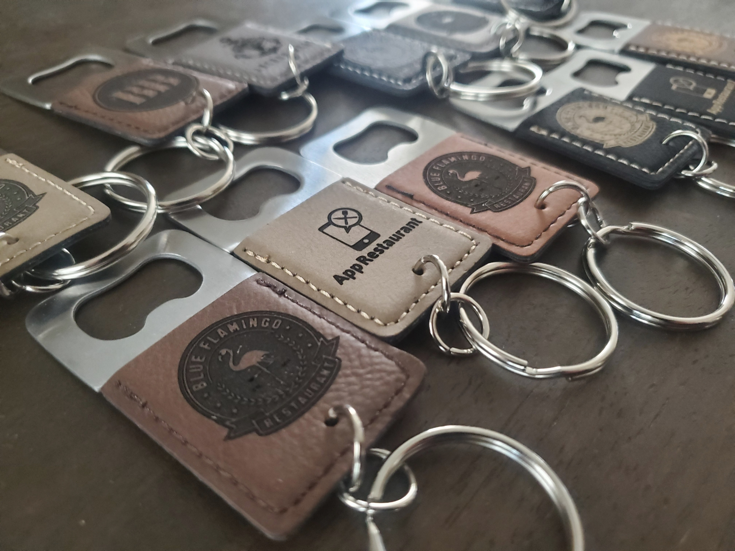 Custom Logo Engraved / Etched Leatherette and Metal Keychain Bottle Opener