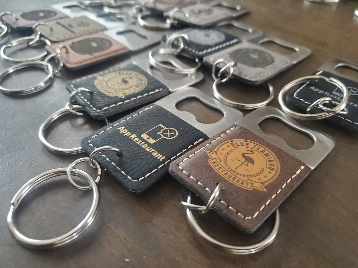 Custom Logo Engraved / Etched Leatherette and Metal Keychain Bottle Opener