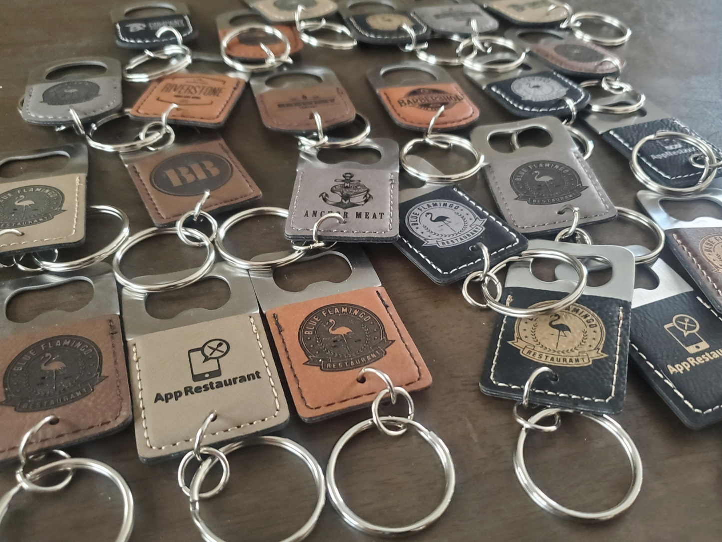 Custom Logo Engraved / Etched Leatherette and Metal Keychain Bottle Opener