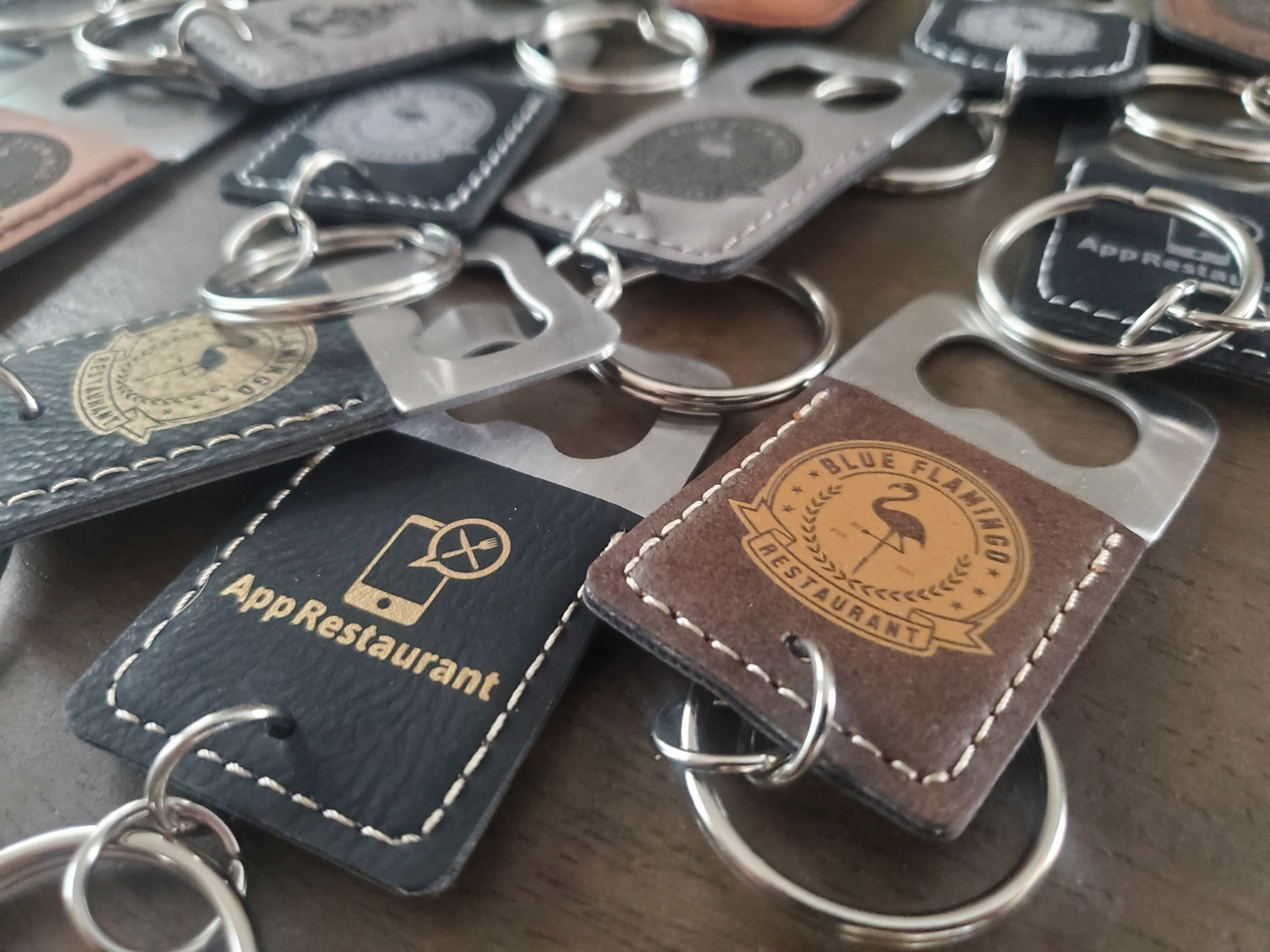 Custom Logo Engraved / Etched Leatherette and Metal Keychain Bottle Opener