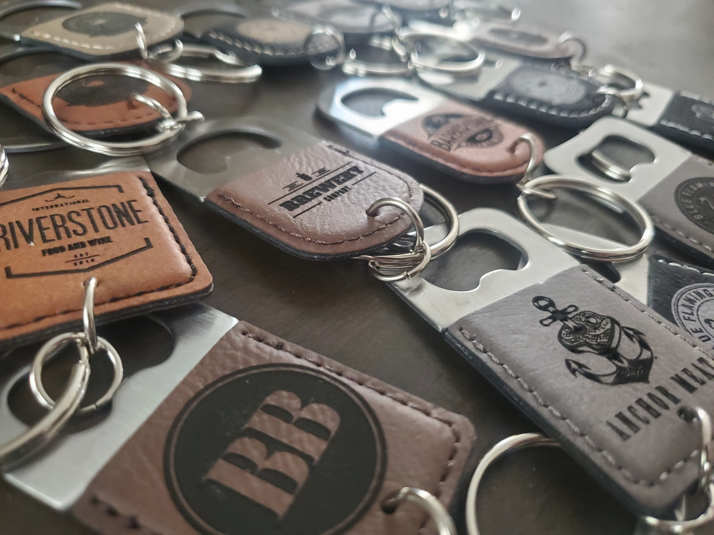 Custom Logo Engraved / Etched Leatherette and Metal Keychain Bottle Opener