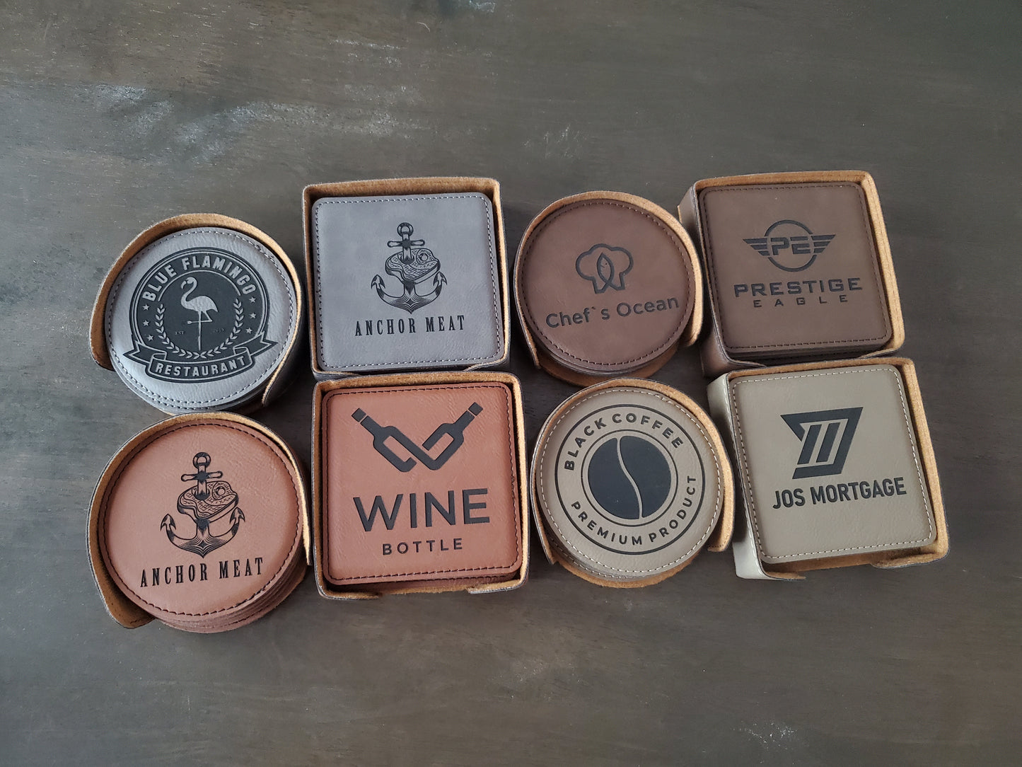 Set of 6 Custom Logo Engraved / Etched Leatherette Coasters with Leatherette Coaster Holder