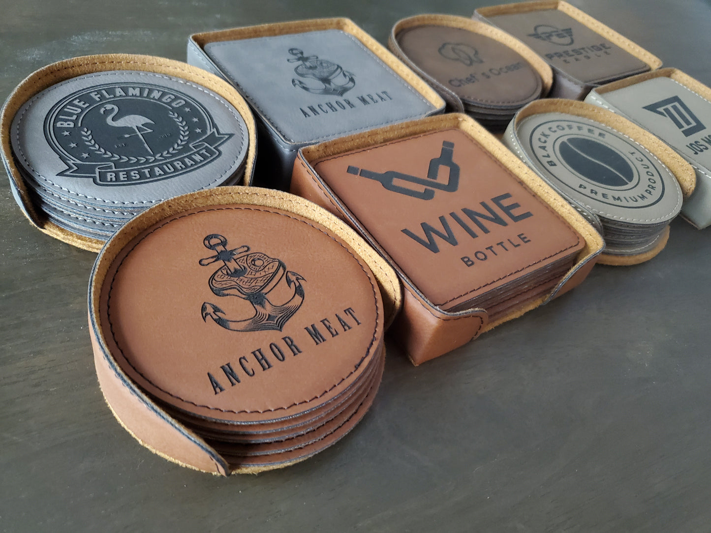 Set of 6 Custom Logo Engraved / Etched Leatherette Coasters with Leatherette Coaster Holder