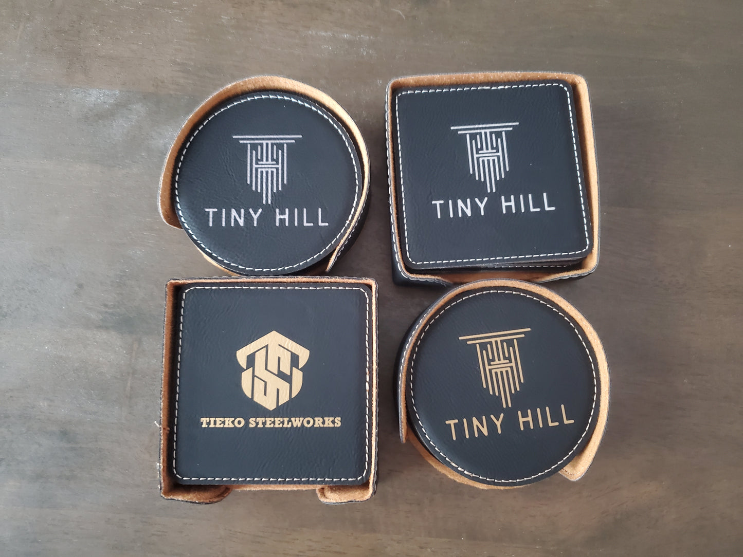 Set of 6 Custom Logo Engraved / Etched Leatherette Coasters with Leatherette Coaster Holder