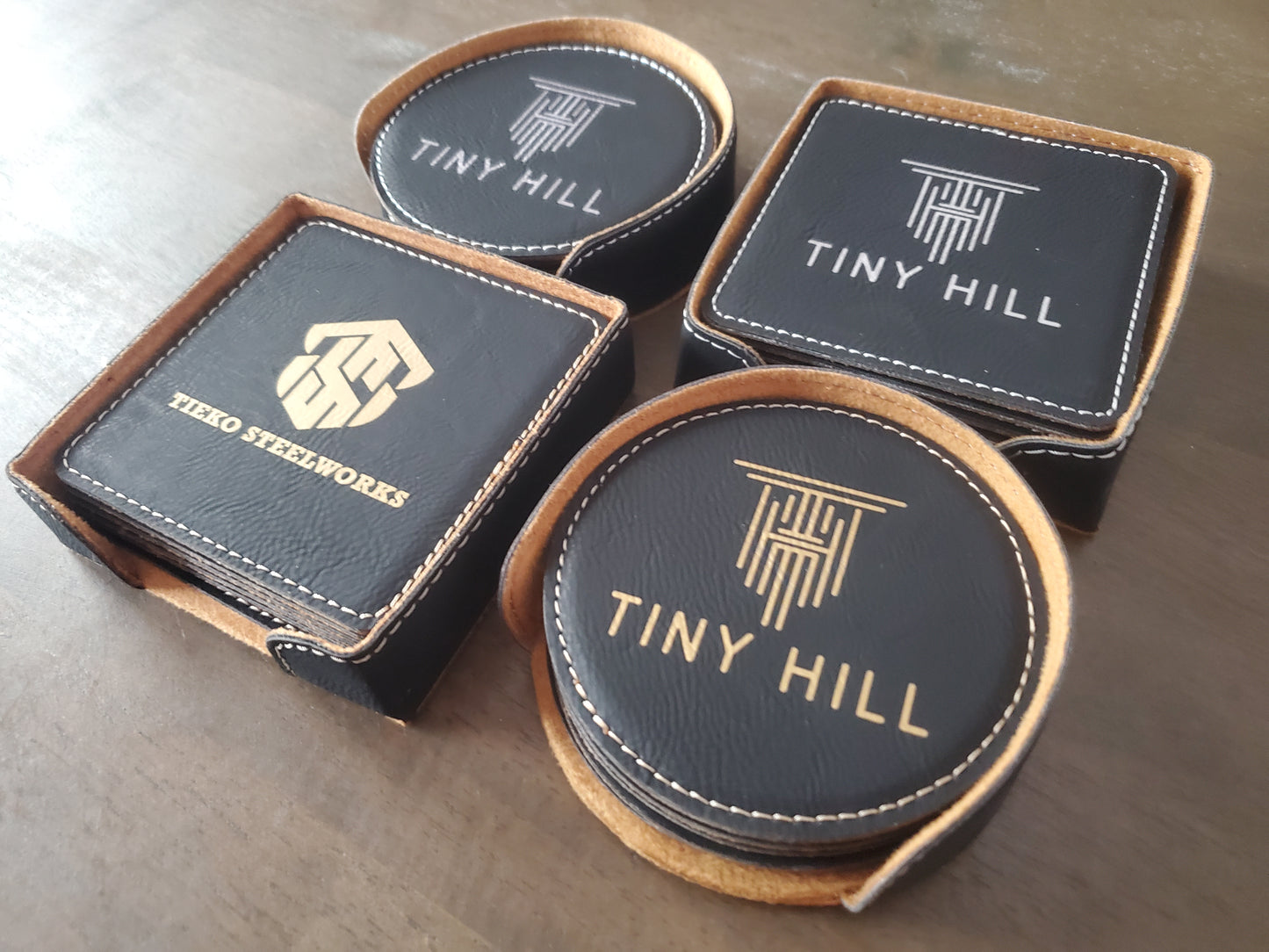 Set of 6 Custom Logo Engraved / Etched Leatherette Coasters with Leatherette Coaster Holder