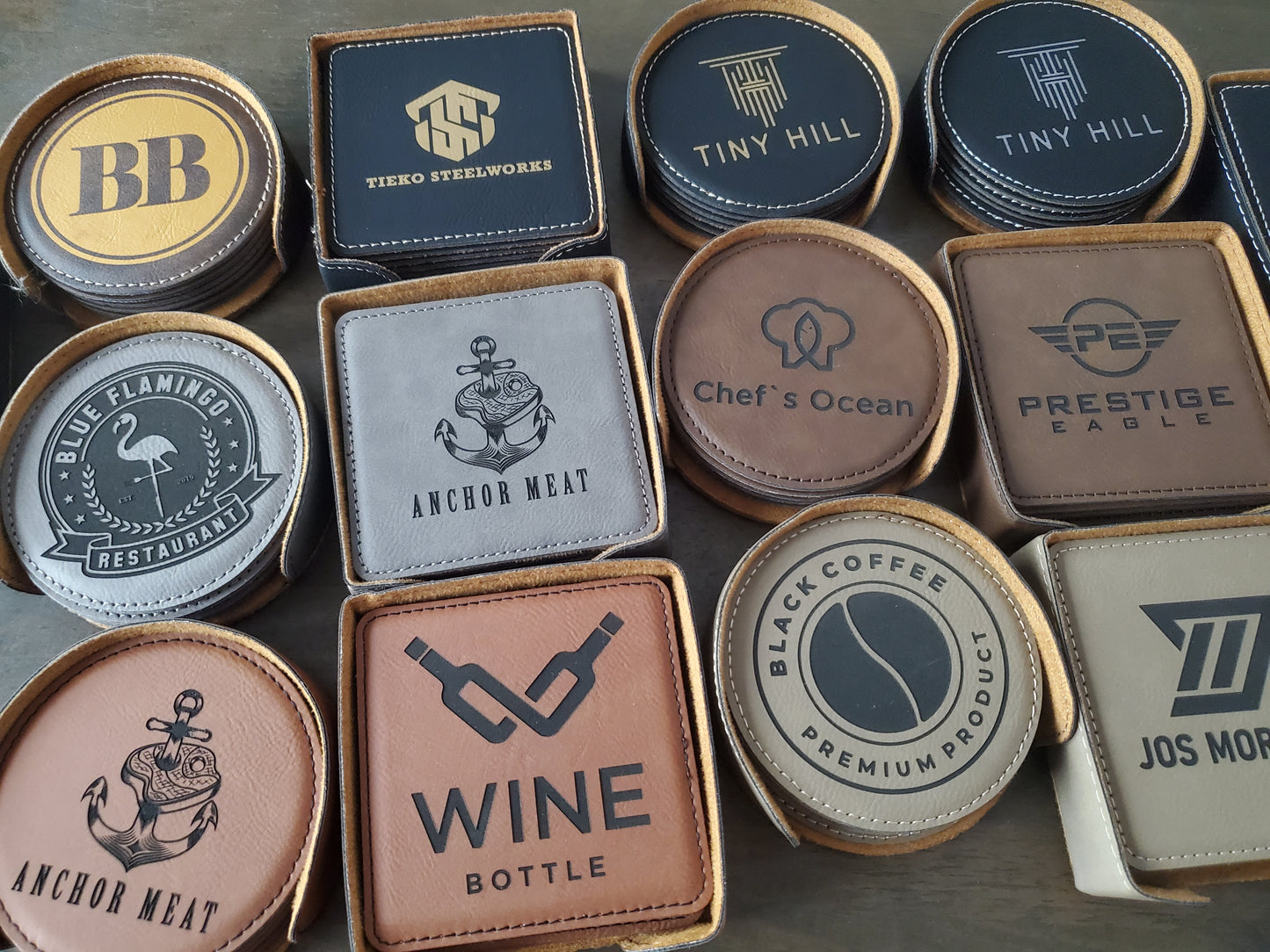 Set of 6 Custom Logo Engraved / Etched Leatherette Coasters with Leatherette Coaster Holder