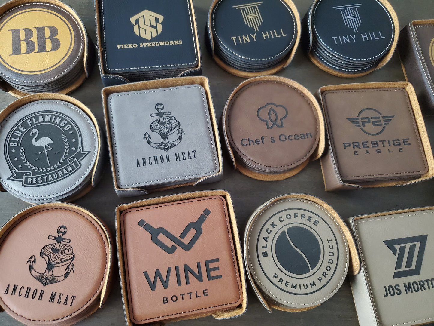 Set of 6 Custom Logo Engraved / Etched Leatherette Coasters with Leatherette Coaster Holder