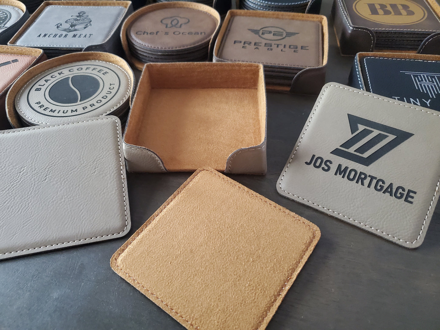 Set of 6 Custom Logo Engraved / Etched Leatherette Coasters with Leatherette Coaster Holder