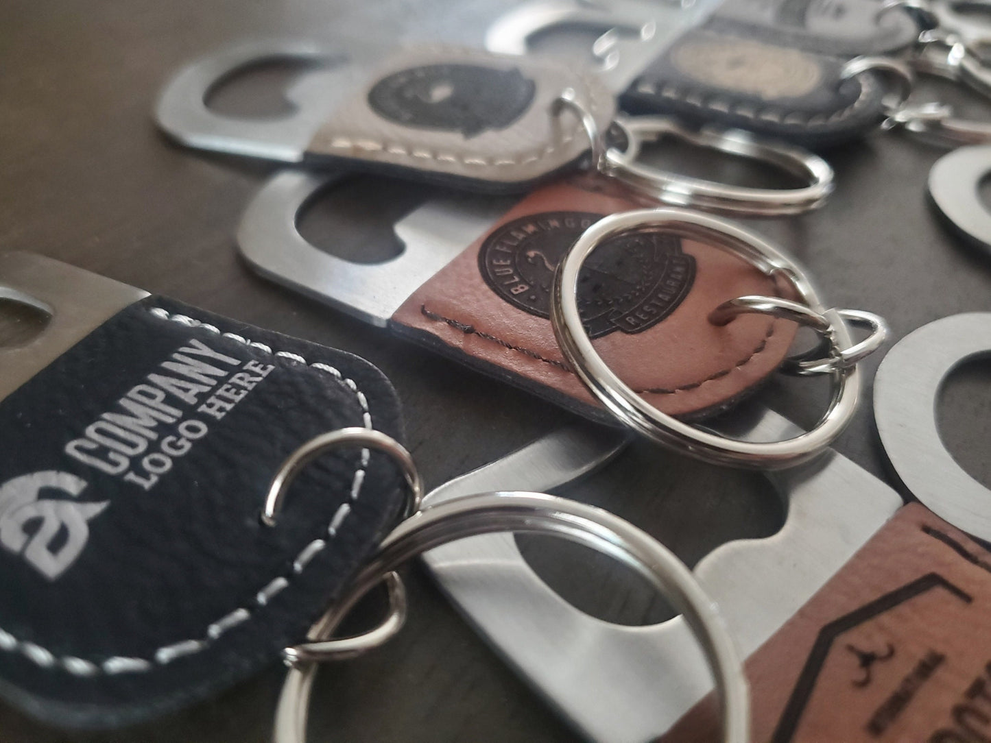 Custom Logo Engraved / Etched Leatherette and Metal Keychain Bottle Opener