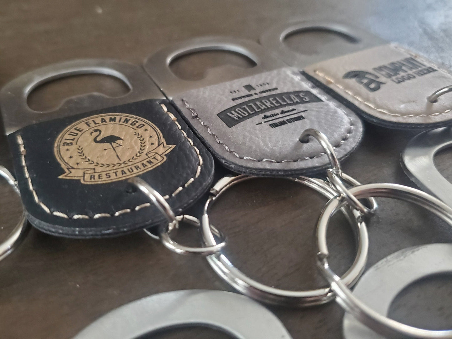 Custom Logo Engraved / Etched Leatherette and Metal Keychain Bottle Opener