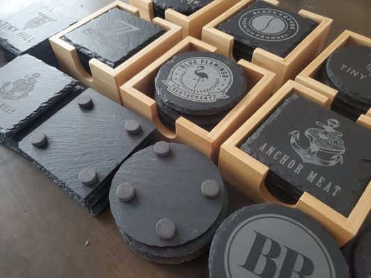 Set of 4 Custom Logo Engraved Slate Coasters with Bamboo Coaster Holder