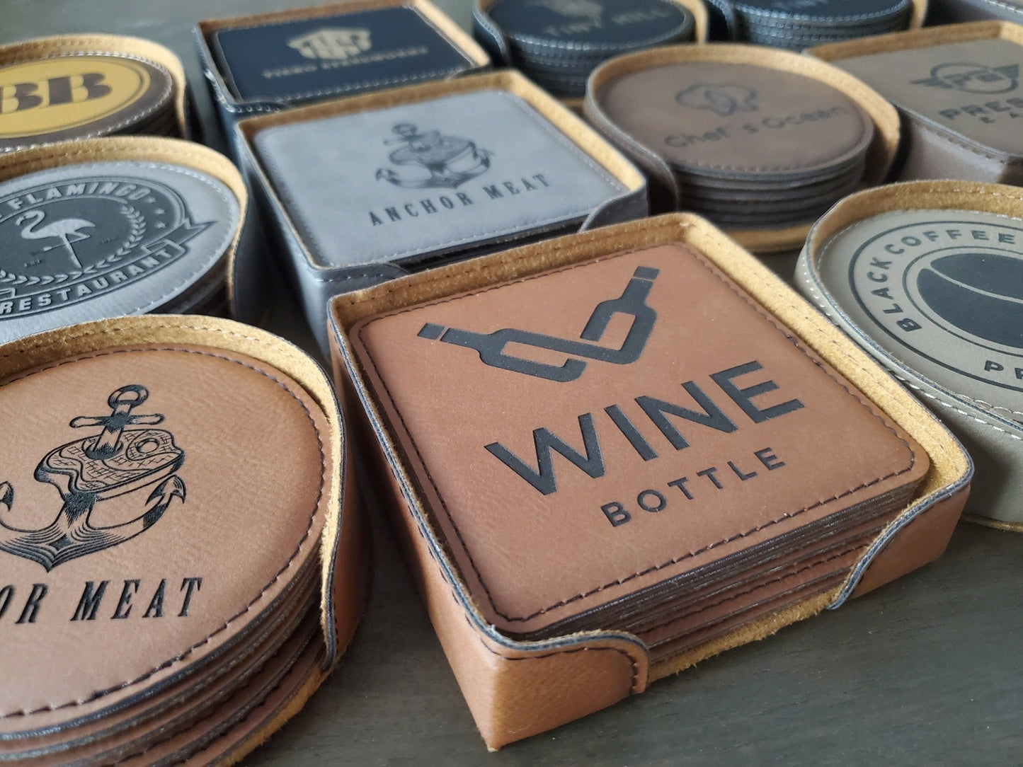 Set of 6 Custom Logo Engraved / Etched Leatherette Coasters with Leatherette Coaster Holder