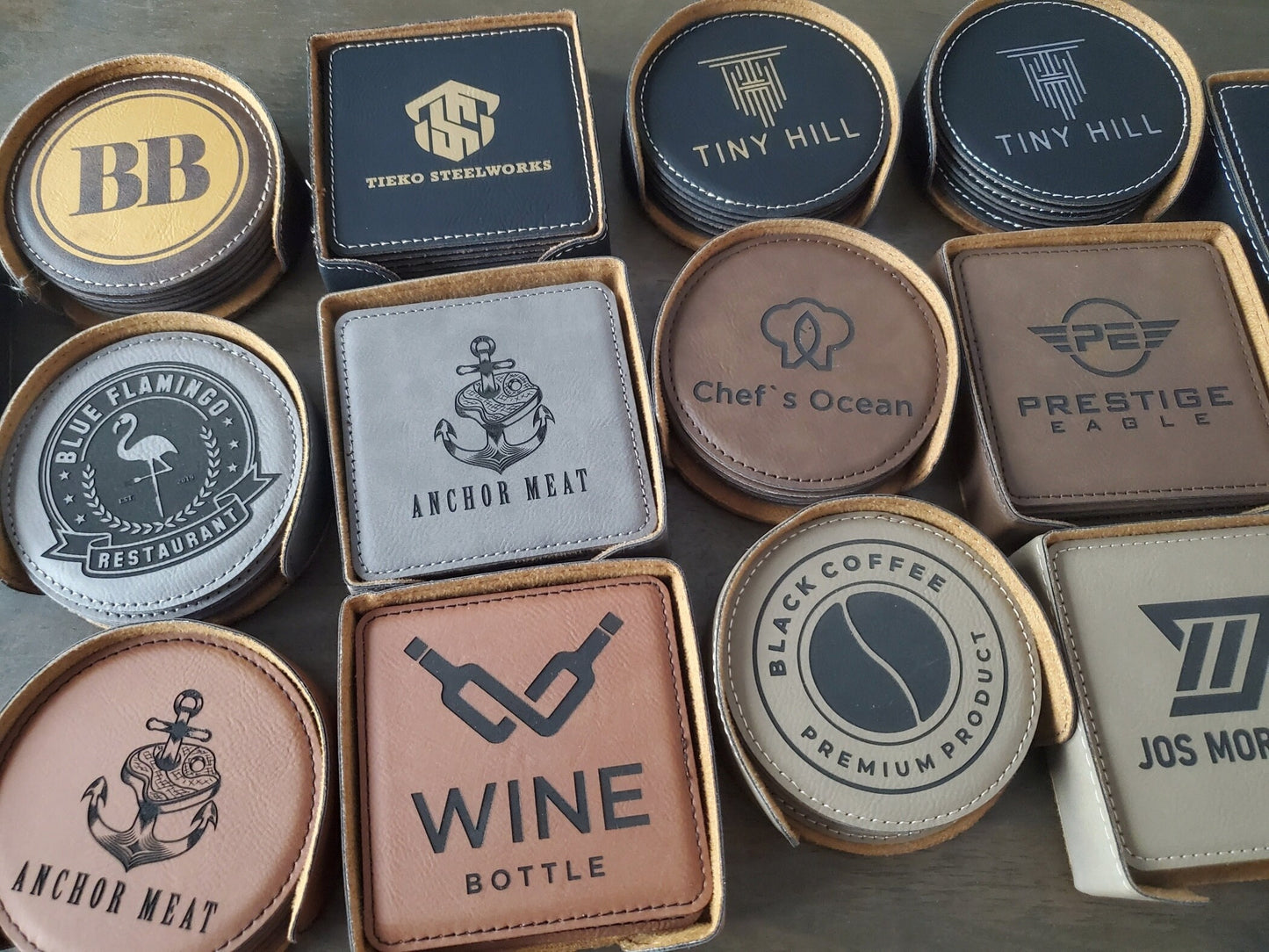 Set of 6 Custom Logo Engraved / Etched Leatherette Coasters with Leatherette Coaster Holder